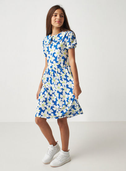 All-Over Floral Print Crinkled A-line Dress with Peter Pan Collar-Occasion Dresses-image-1