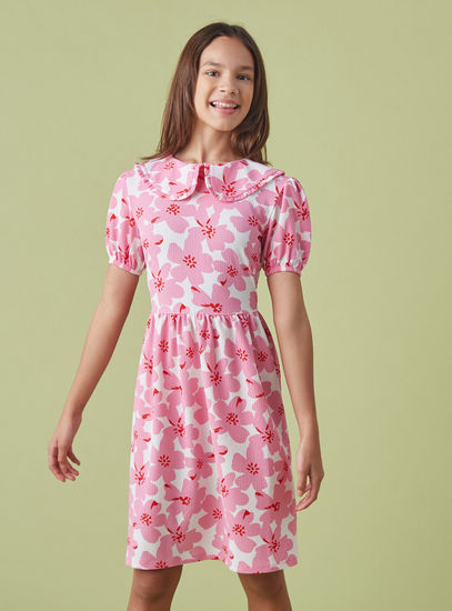 All-Over Floral Print Crinkled Knee Length Dress with Peter Pan Collar-Occasion Dresses-image-0