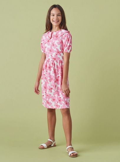 All-Over Floral Print Crinkled Knee Length Dress with Peter Pan Collar-Occasion Dresses-image-1