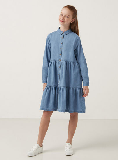Solid Better Cotton Tiered Denim Dress with Long Sleeves and Collar-Casual Dresses-image-0