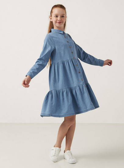 Solid Better Cotton Tiered Denim Dress with Long Sleeves and Collar-Casual Dresses-image-1