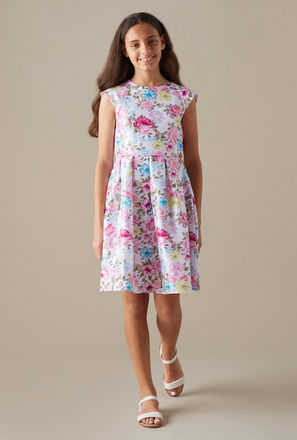 Sateen Knee Length All-Over Floral Print Pleated Skater Dress with Cap Sleeves-mxkids-girlseighttosixteenyrs-clothing-dresses-occasiondresses-2