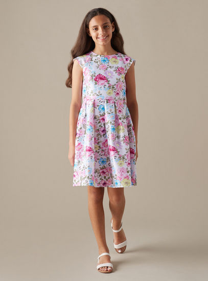 Sateen Knee Length All-Over Floral Print Pleated Skater Dress with Cap Sleeves-Occasion Dresses-image-0