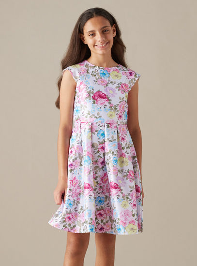Sateen Knee Length All-Over Floral Print Pleated Skater Dress with Cap Sleeves-Occasion Dresses-image-1