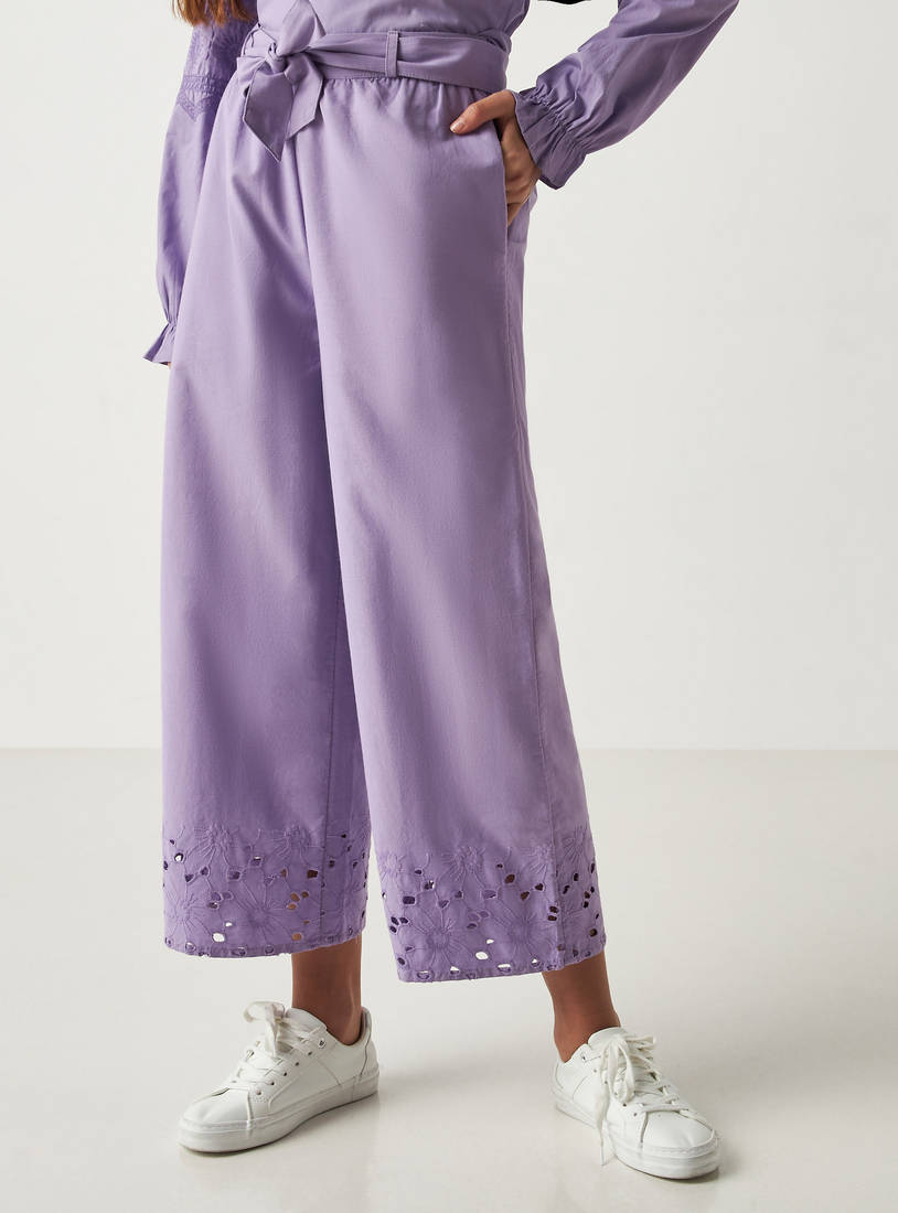 Schiffli Border Mid-Rise Culottes with Tie-Up Belt-Trousers-image-0