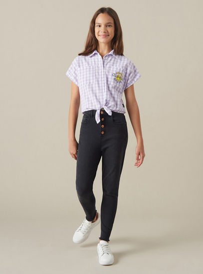 Smiley Print Checked Shirt with Waist Tie-Up-Shirts & Blouses-image-1
