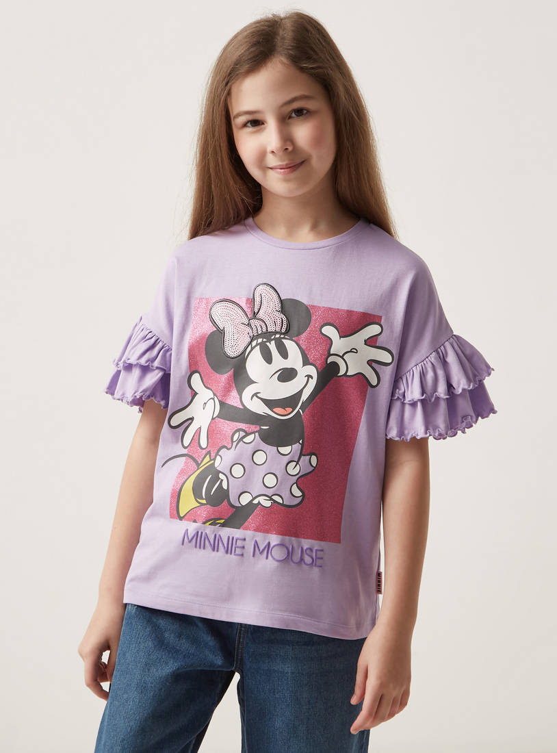 Minnie Mouse Print T-shirt with Frilled Sleeves-T-shirts-image-0