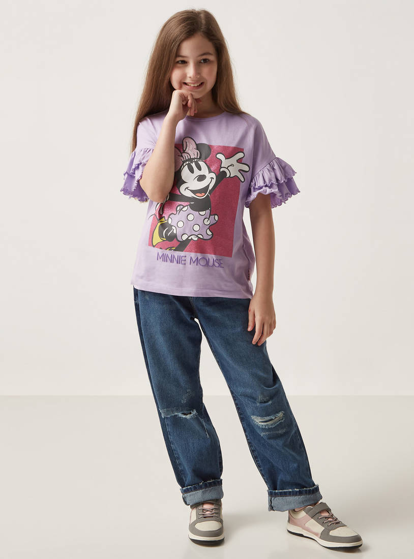 Minnie Mouse Print T-shirt with Frilled Sleeves-T-shirts-image-1