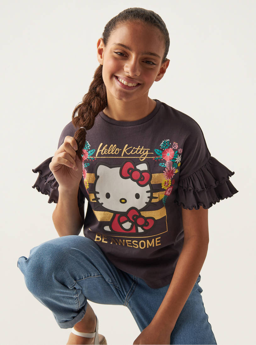 Hello Kitty Print T-shirt with Frilled Sleeves-Tops & T-shirts-image-0