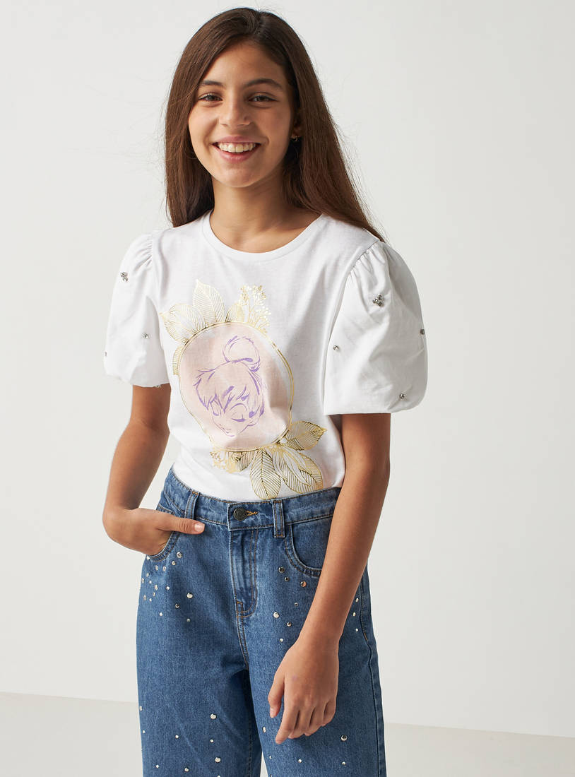 Tinker Bell Foil Print Embellished Better Cotton Top with Puff Sleeves-T-shirts-image-0