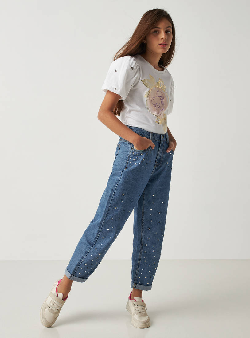 Mid-Rise Comfort Fit Embellished Better Cotton Jeans-Jeans-image-1