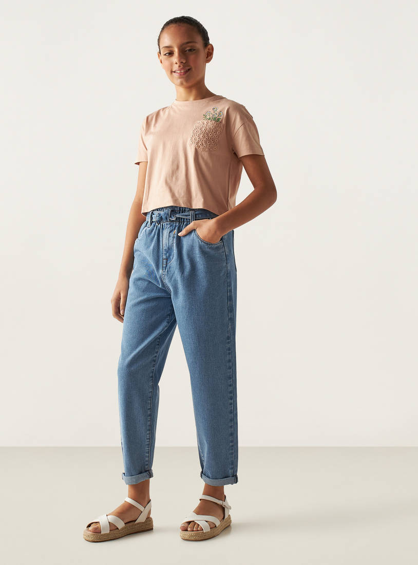 Belted Paperbag Mid-Rise Better Cotton Mom Jeans-Jeans-image-1