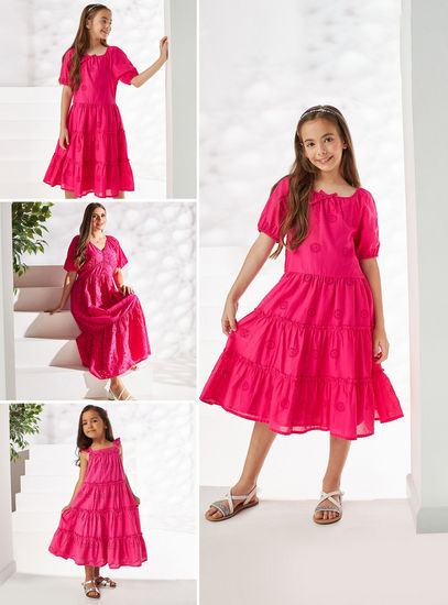 Schiffli Poplin Tiered Dress with Bow Accent-Occasion Dresses-image-0