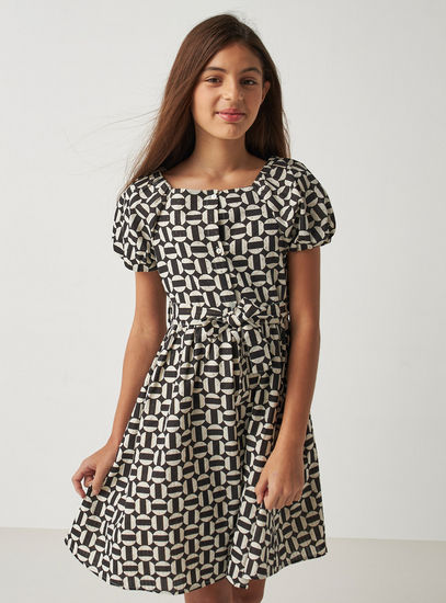 Geometric Print Better Cotton A-line Dress with Puff Sleeves-Occasion Dresses-image-0