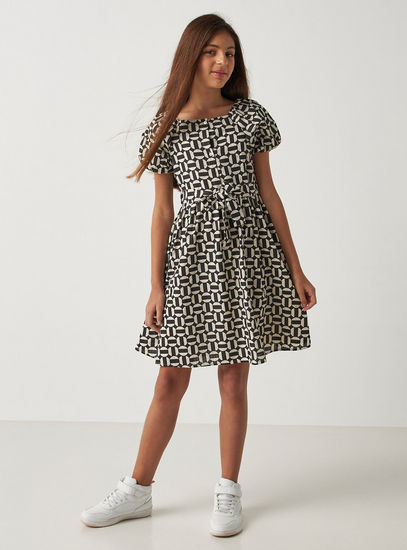 Geometric Print Better Cotton A-line Dress with Puff Sleeves-Occasion Dresses-image-1
