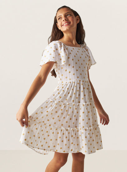 Glitter Star Print Tiered Dress with Square Neck and Flutter Sleeves-Occasion Dresses-image-0