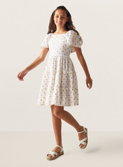 Glitter Star Print Tiered Dress with Square Neck and Flutter Sleeves-Occasion Dresses-image-1