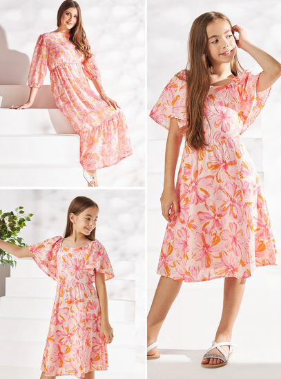 Cotton Knee Length All-Over Floral Print Dress with Square Neck-Occasion Dresses-image-0