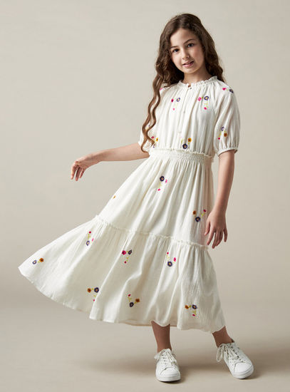 Floral Embroidered Tiered Better Cotton Dress with Ruffle Neck-Occasion Dresses-image-0