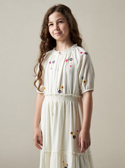 Floral Embroidered Tiered Better Cotton Dress with Ruffle Neck-Occasion Dresses-image-1