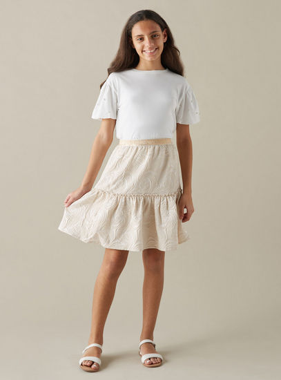 Pearl Embellished Puff Sleeves Top and Jacquard Textured Tiered Skirt Set-Occasion Dresses-image-0