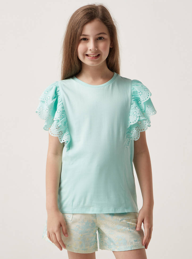 Schiffli Textured Better Cotton T-shirt with Ruffled Sleeves-T-shirts-image-0