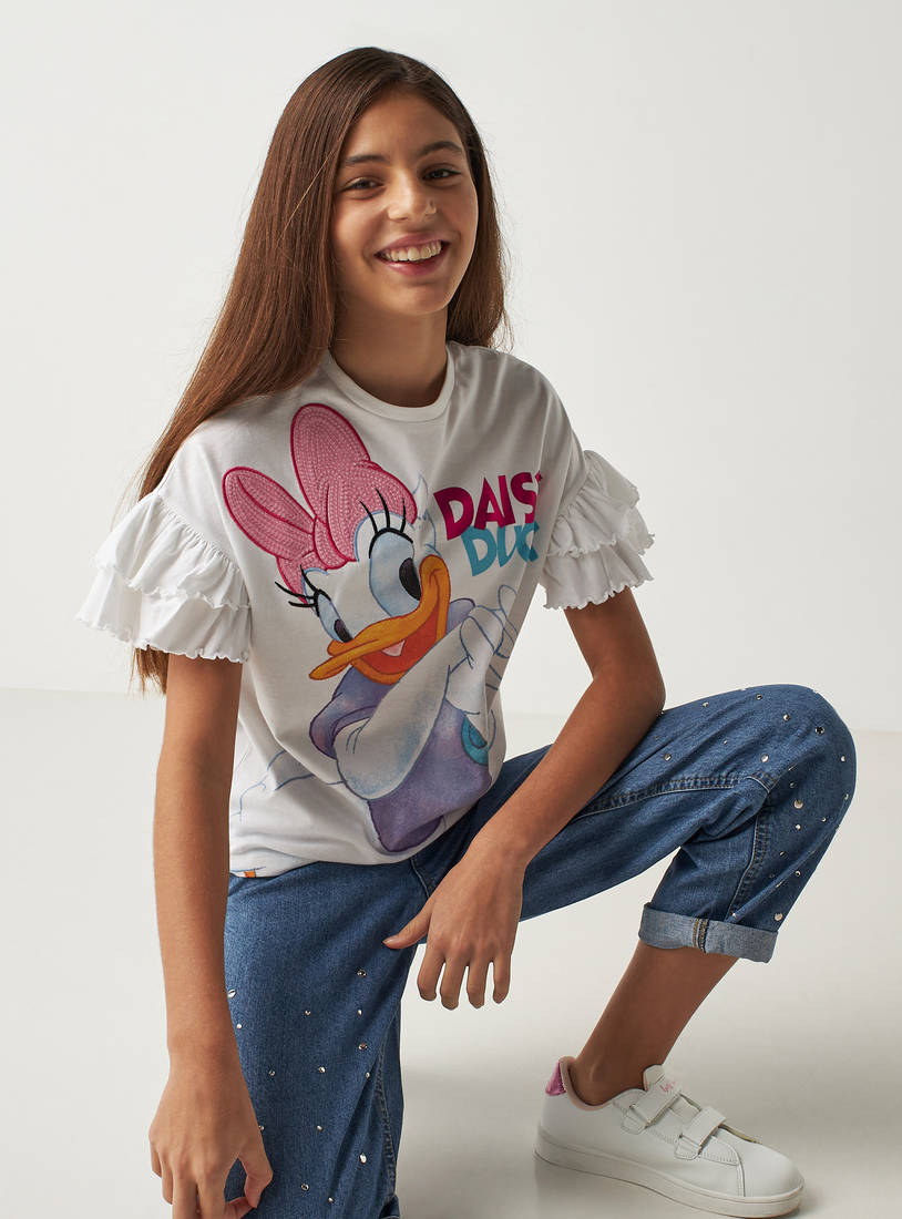 Daisy Duck Embellished Better Cotton T-shirt with Ruffled Sleeves-Tops & T-shirts-image-0