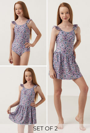 All-Over Floral Print Swimsuit and Skirt Set