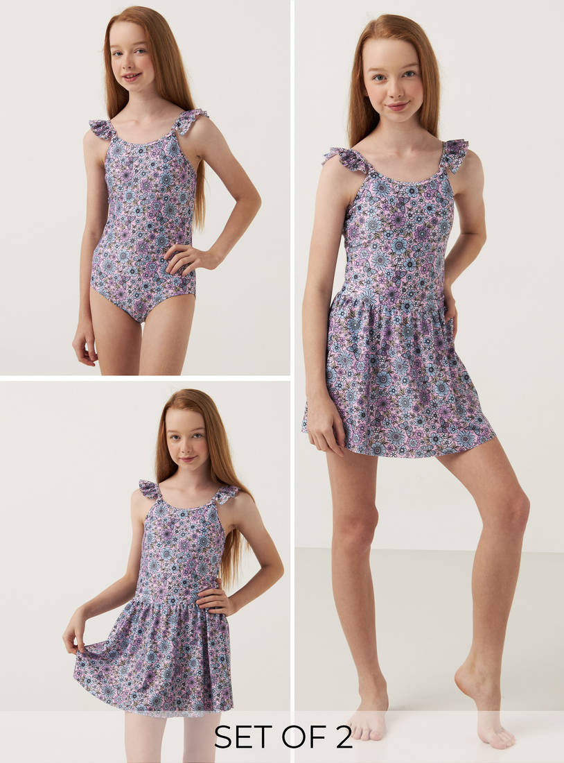 All-Over Floral Print Swimsuit and Skirt Set-Swimwear-image-0