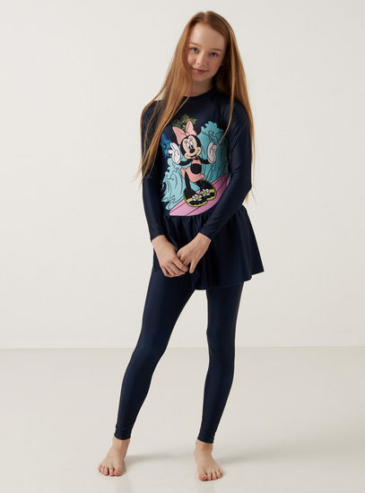 Minnie Mouse Print Burkini with Long Sleeves and Crew Neck-Swimwear-image-0