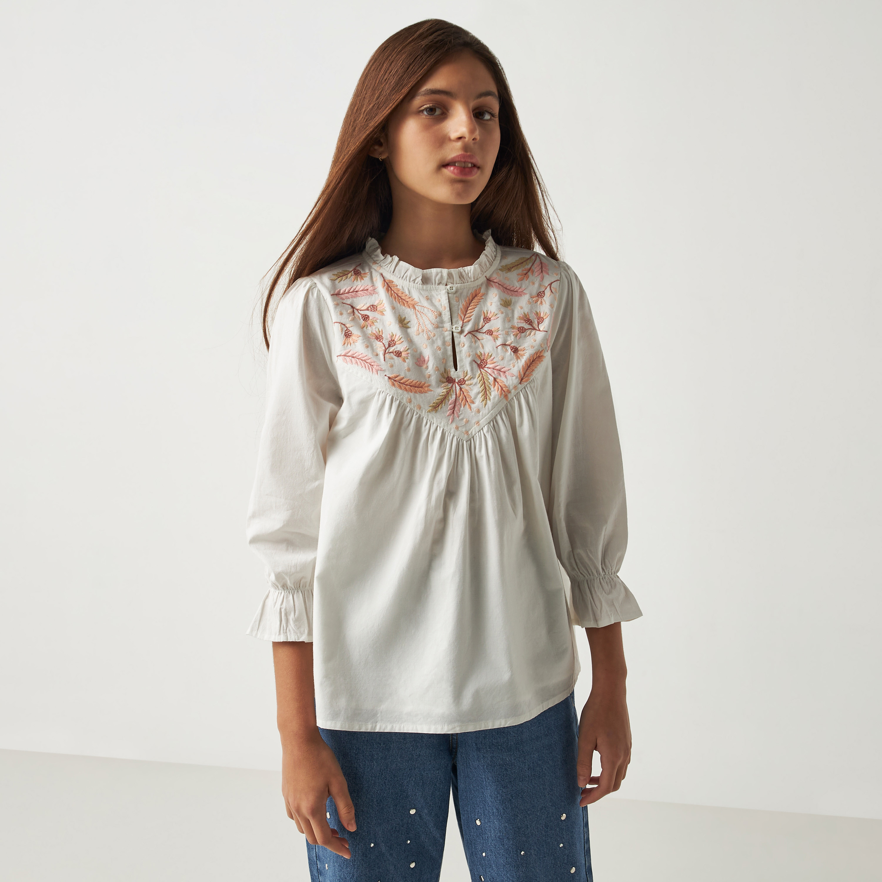 Shop Floral Embroidered Better Cotton Top with Ruffle Neck