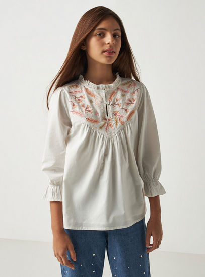 Floral Embroidered Better Cotton Top with Ruffle Neck and 3/4 Sleeves-Shirts & Blouses-image-0