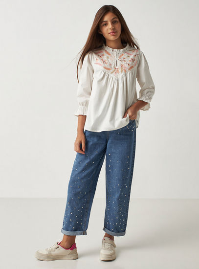 Floral Embroidered Better Cotton Top with Ruffle Neck and 3/4 Sleeves-Shirts & Blouses-image-1