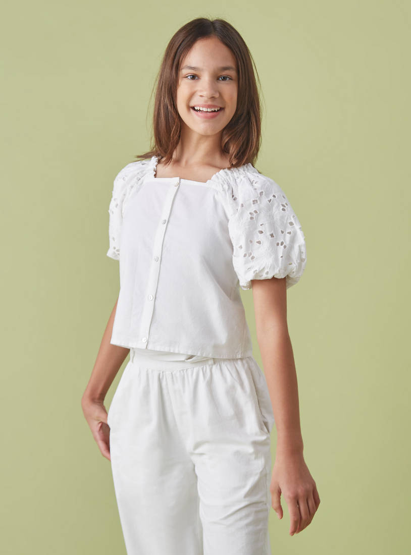 Plain Better Cotton Top with Embroidered Puff Sleeves-Shirts & Blouses-image-0