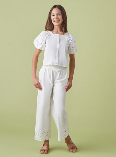 Plain Better Cotton Top with Embroidered Puff Sleeves-Shirts & Blouses-image-1