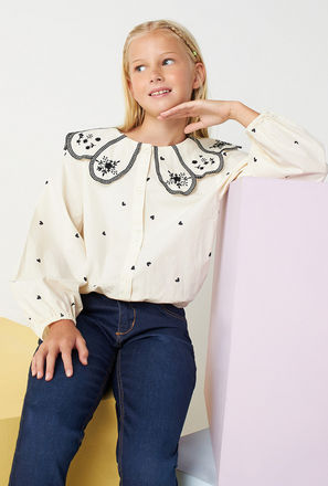 Embroidered Shirt with Scalloped Collar-mxkids-girlseighttosixteenyrs-clothing-tops-shirtsandblouses-2