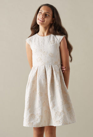 Cotton Knee Length Pleated Jacquard Dress with Cap Sleeves-mxkids-girlseighttosixteenyrs-clothing-dresses-occasiondresses-0
