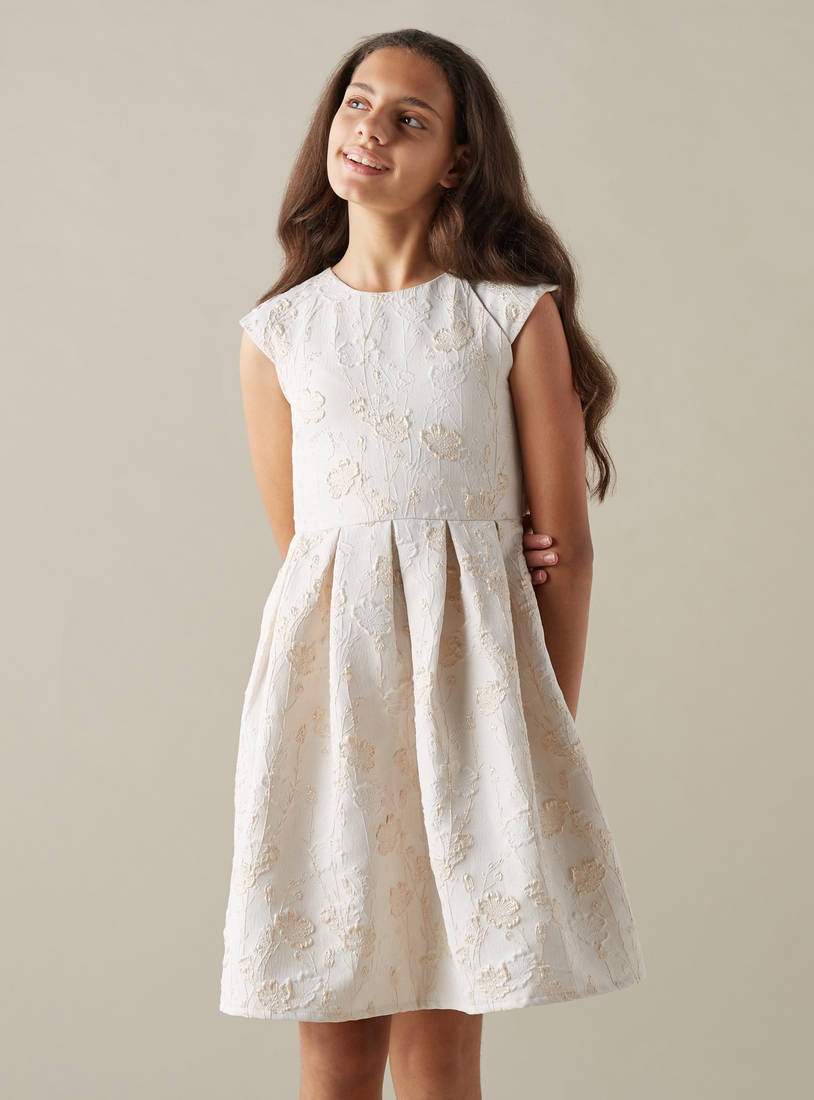 Cotton Knee Length Pleated Jacquard Dress with Cap Sleeves-Occasion Dresses-image-0