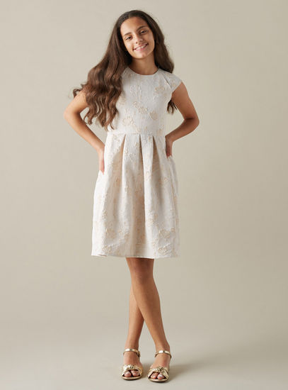 Cotton Knee Length Pleated Jacquard Dress with Cap Sleeves-Occasion Dresses-image-1