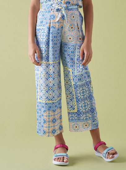 Mid-Rise Regular Fit All-Over Print Satin Culottes with Tie-Up Belt-Trousers-image-0