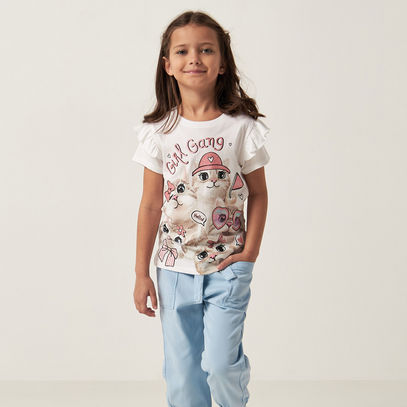 Cat Print T-shirt with Ruffles and Short Sleeves