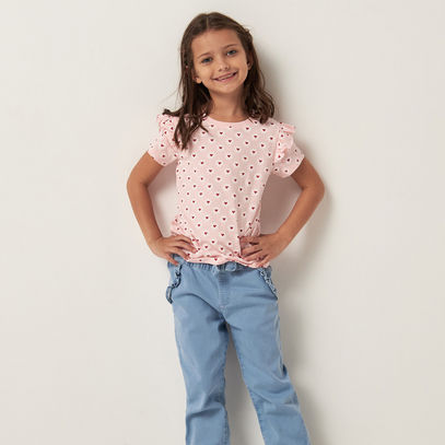 All-Over Heart Print T-shirt with Ruffles and Short Sleeves