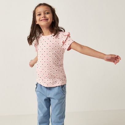 All-Over Heart Print T-shirt with Ruffles and Short Sleeves