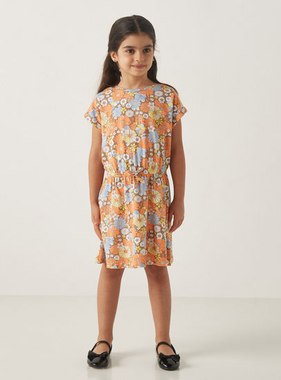 All-Over Floral Print Dress with Short Sleeves and Tie-Up Detail