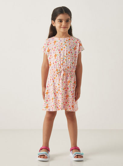 All-Over Floral Print Dress with Short Sleeves and Tie-Up Detail-Casual Dresses-image-0