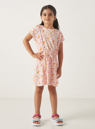 All-Over Floral Print Dress with Short Sleeves and Tie-Up Detail-Casual Dresses-image-1