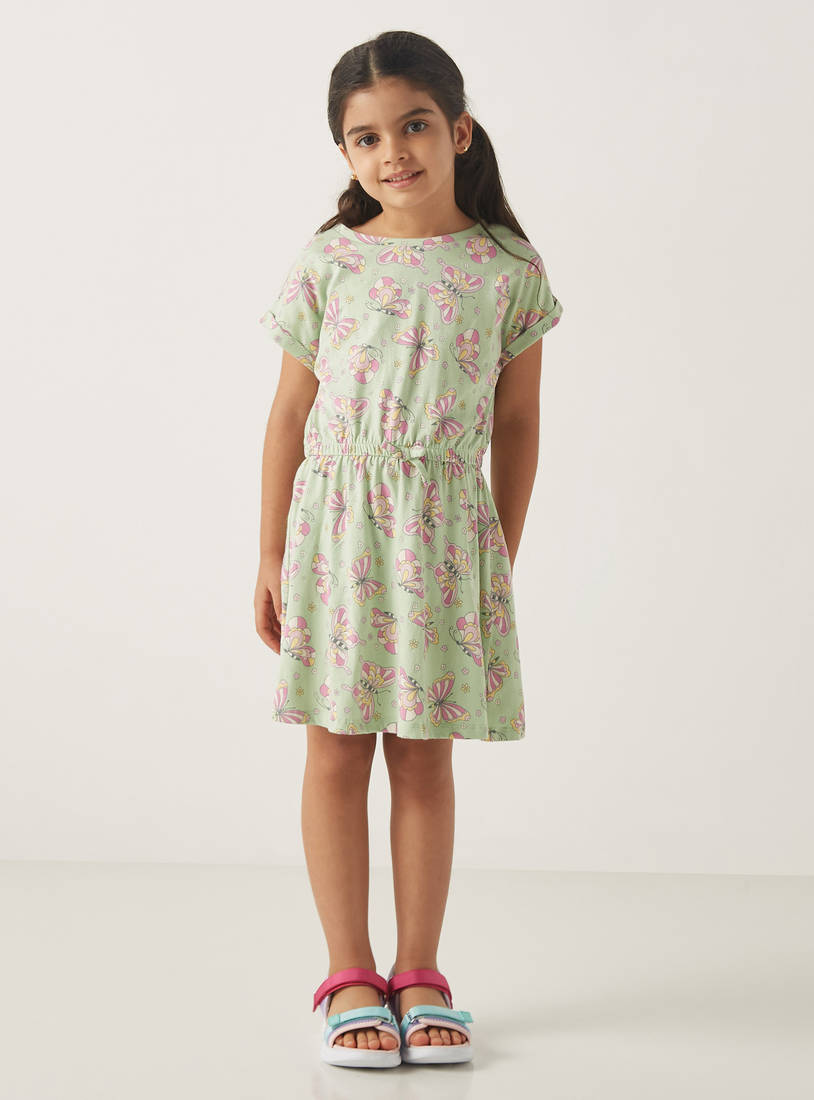 All-Over Butterfly Print Dress with Short Sleeves and Tie-Up Detail-Casual Dresses-image-0