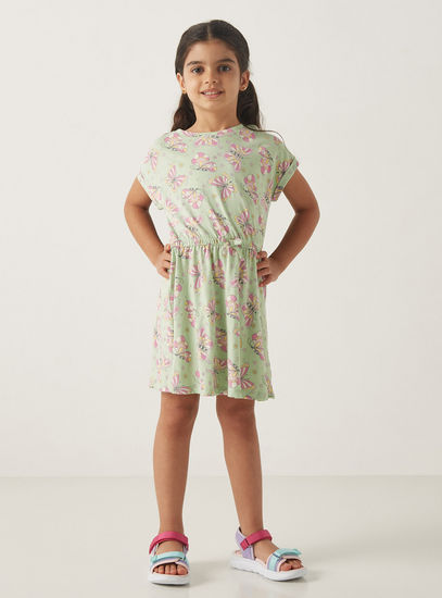 All-Over Butterfly Print Dress with Short Sleeves and Tie-Up Detail