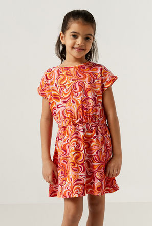 All Over Swirl Print A-line Dress with Cap Sleeves