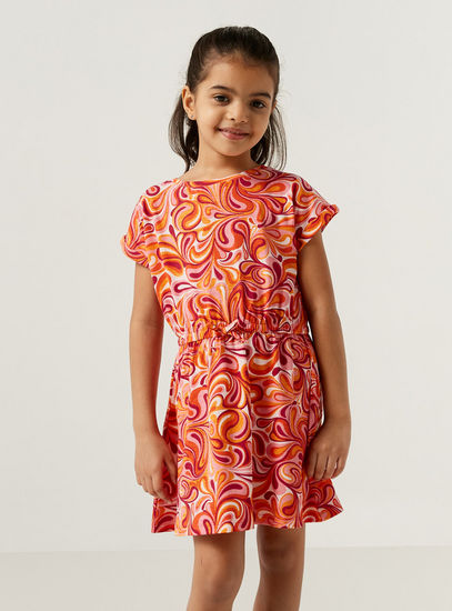 All Over Swirl Print A-line Dress with Cap Sleeves